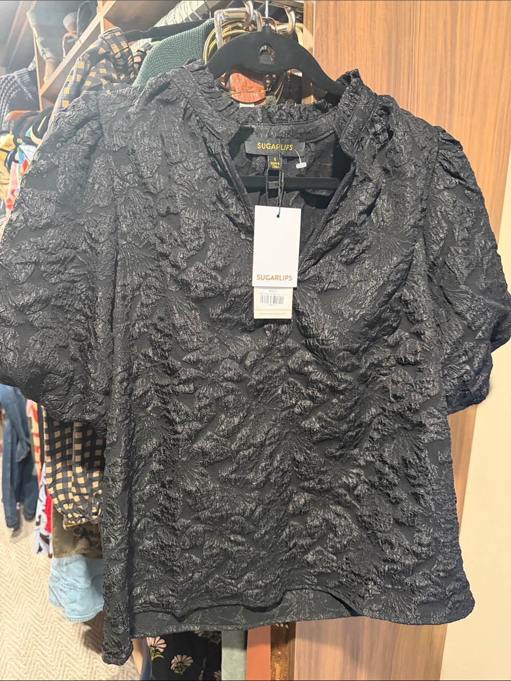 Sugarlips Black Textured Puff-Sleeve Blouse